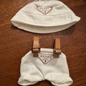 Labubu fitting 17 cm Cream Hat and Tan Suspenders Set